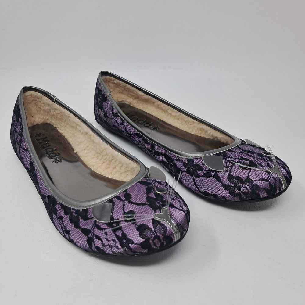 Mudd Womens 9 Purple Black Lace Kitty Cat Face Whiskers Ballet Flats Havarti